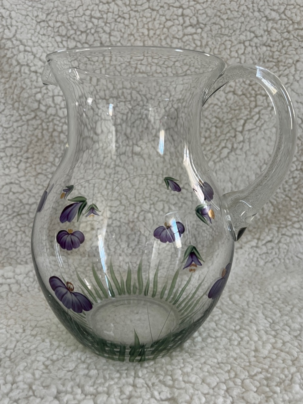 Hand Painted Art Glass Pitcher Floral Design, purple, green, gold, beautiful!
